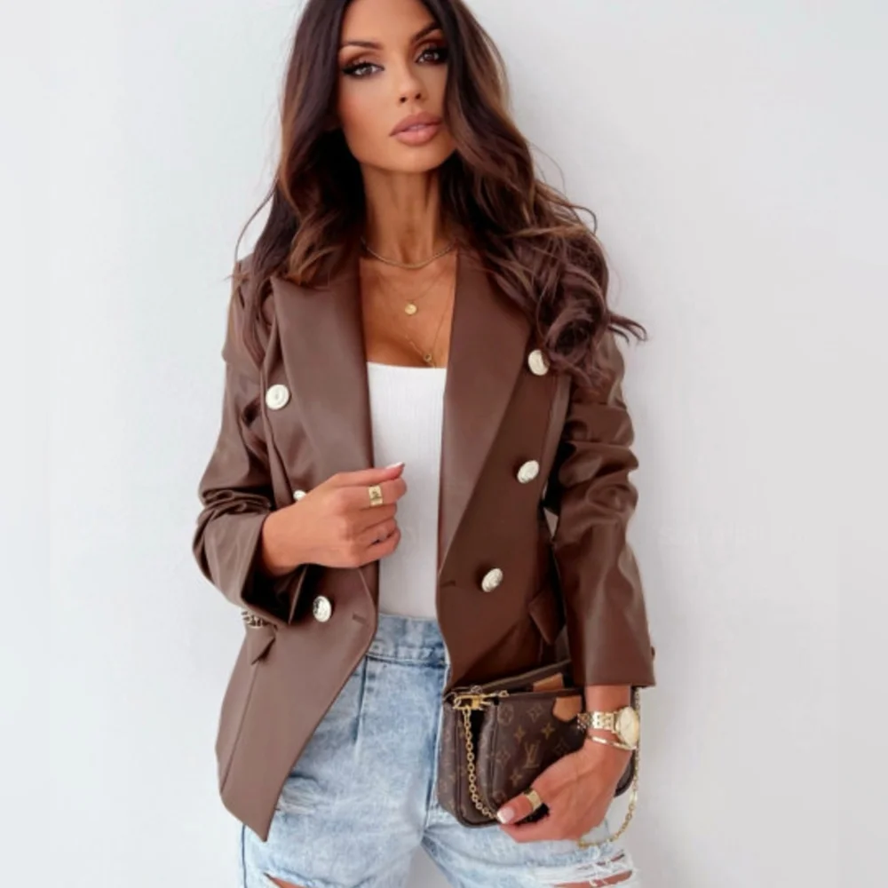 Brown Double-Breasted Women's Faux Leather Blazer - Picture 1 of 6